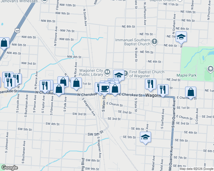 map of restaurants, bars, coffee shops, grocery stores, and more near 208 Northeast 2nd Street in Wagoner