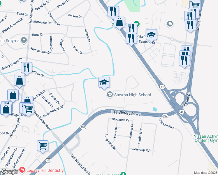 map of restaurants, bars, coffee shops, grocery stores, and more near 100 Bulldog Drive in Smyrna