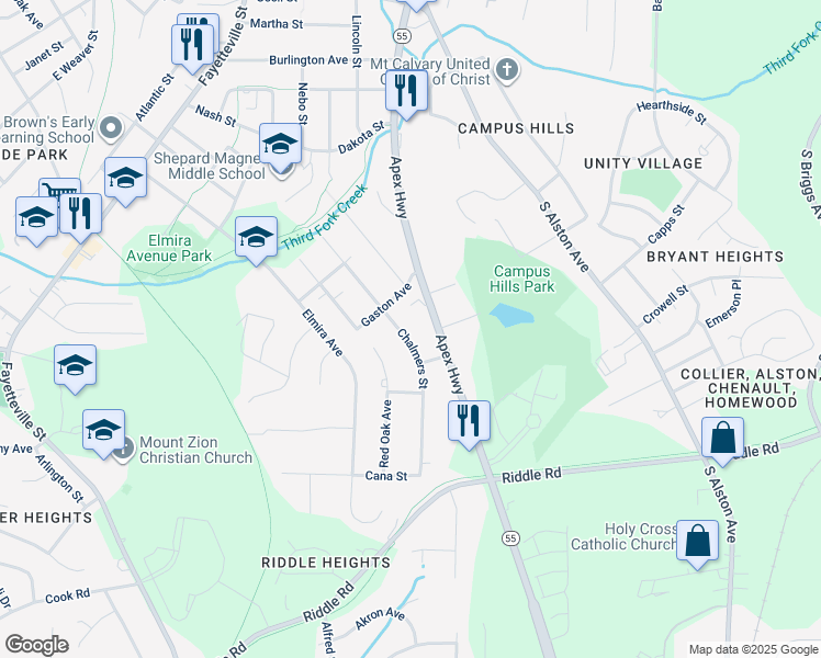 map of restaurants, bars, coffee shops, grocery stores, and more near 1015 Chalmers Street in Durham