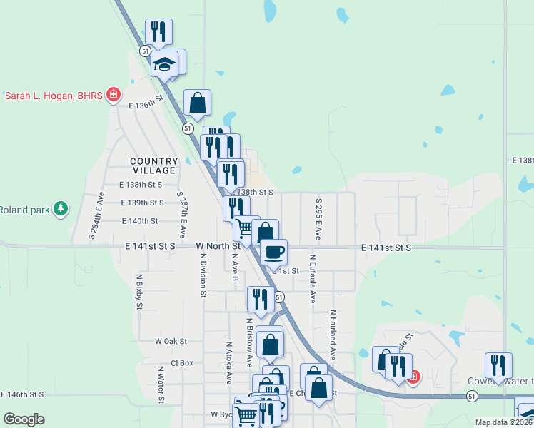 map of restaurants, bars, coffee shops, grocery stores, and more near 13855 South 292nd East Avenue in Coweta