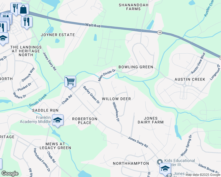 map of restaurants, bars, coffee shops, grocery stores, and more near 4416 Landen Drive in Wake Forest