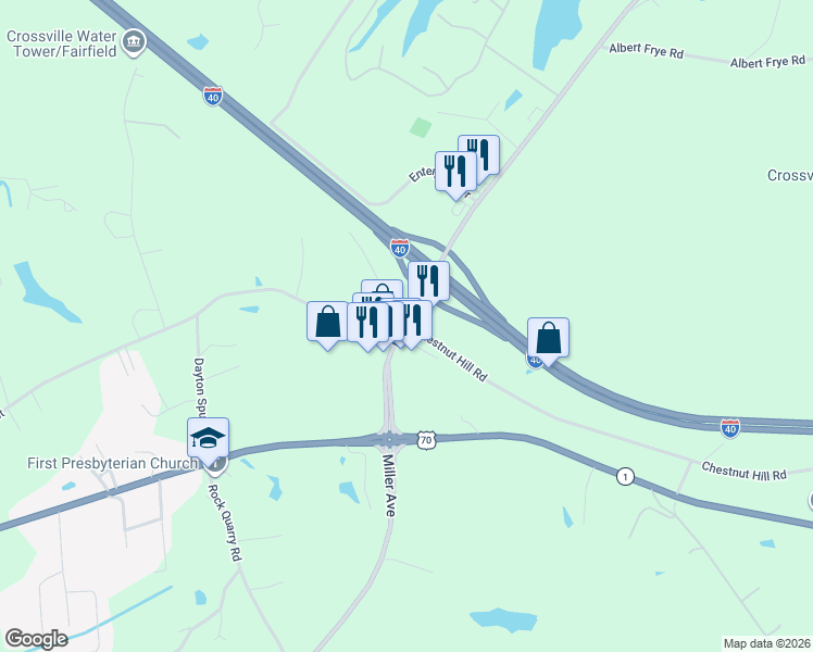 map of restaurants, bars, coffee shops, grocery stores, and more near 2581 East 1st Street in Crossville