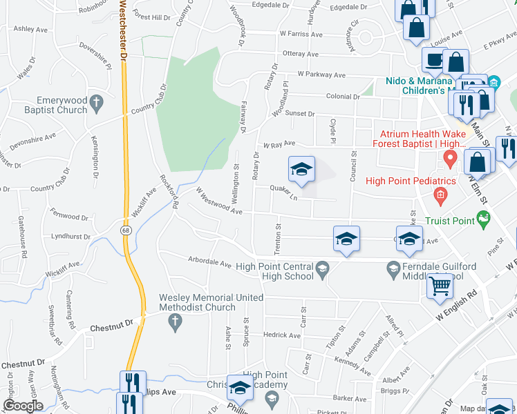 map of restaurants, bars, coffee shops, grocery stores, and more near 1004 Rotary Drive in High Point