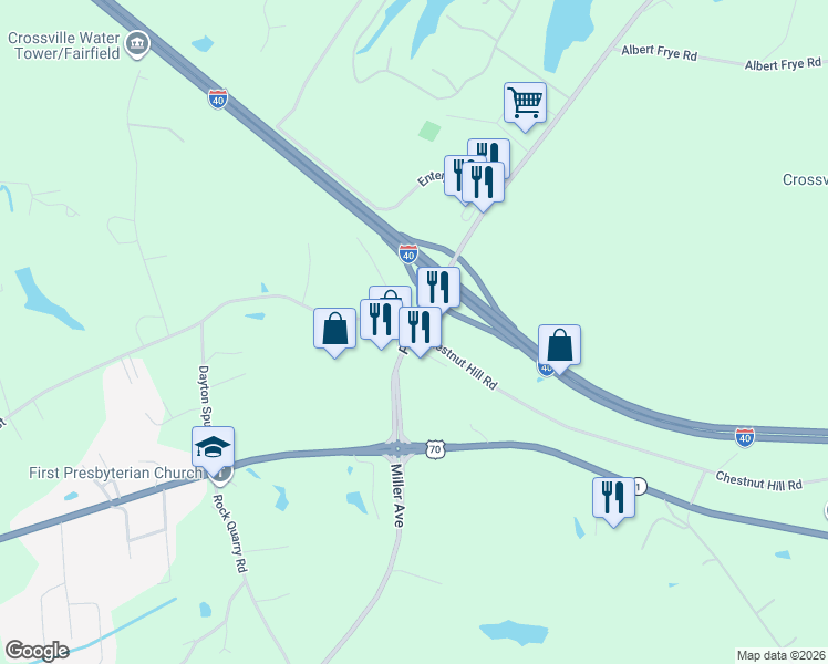 map of restaurants, bars, coffee shops, grocery stores, and more near 2581 East 1st Street in Crossville