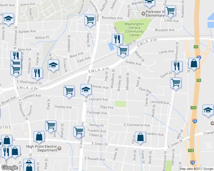 map of restaurants, bars, coffee shops, grocery stores, and more near 309 Hay Street in High Point