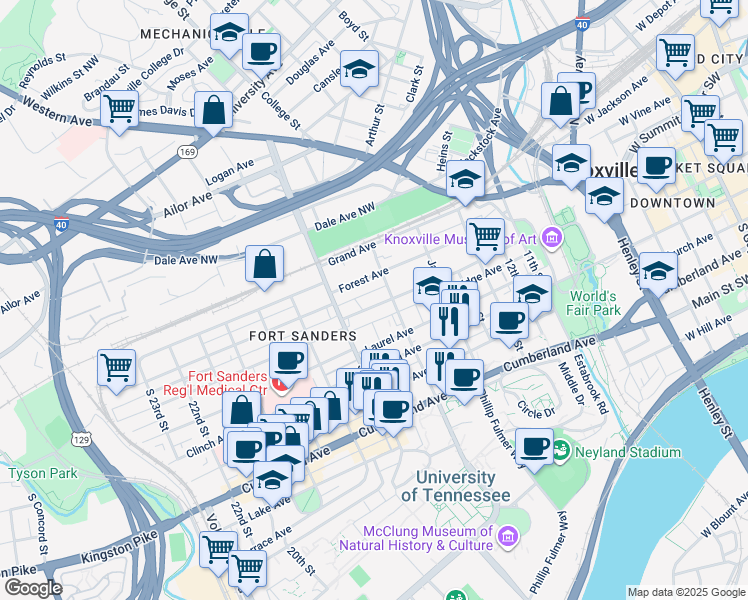 map of restaurants, bars, coffee shops, grocery stores, and more near 1638 Queen Anne Way in Knoxville