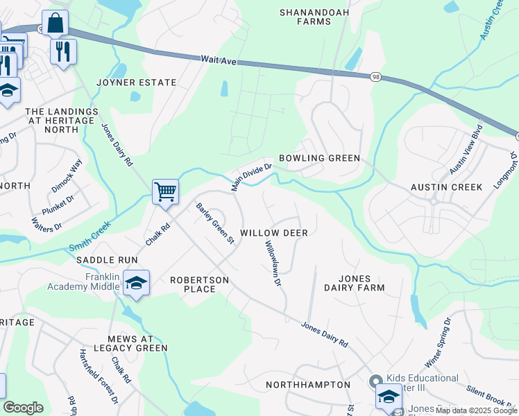 map of restaurants, bars, coffee shops, grocery stores, and more near 4416 Landen Drive in Wake Forest