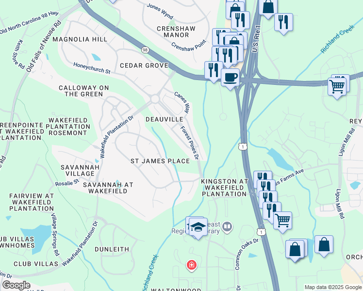map of restaurants, bars, coffee shops, grocery stores, and more near 12233 Beestone Lane in Raleigh