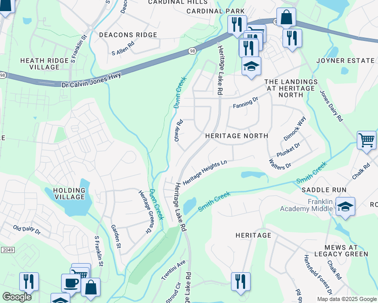 map of restaurants, bars, coffee shops, grocery stores, and more near 529 Clifton Blue Street in Wake Forest