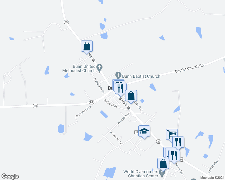 map of restaurants, bars, coffee shops, grocery stores, and more near 297 South Main Street in Bunn