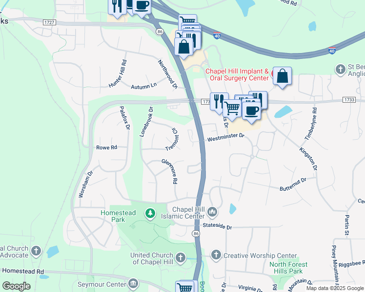 map of restaurants, bars, coffee shops, grocery stores, and more near 103 Weymouth Place in Chapel Hill