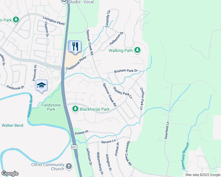 map of restaurants, bars, coffee shops, grocery stores, and more near 505 Seaton Park Place in Franklin