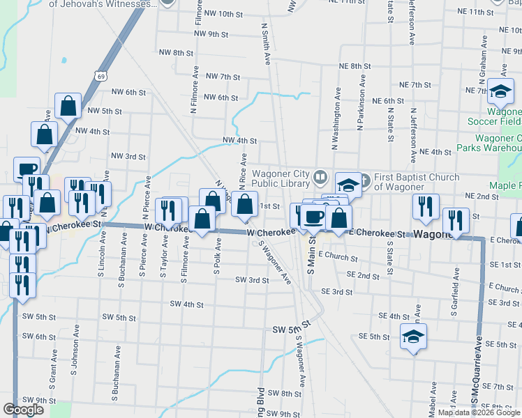 map of restaurants, bars, coffee shops, grocery stores, and more near 204 Northwest 1st Street in Wagoner