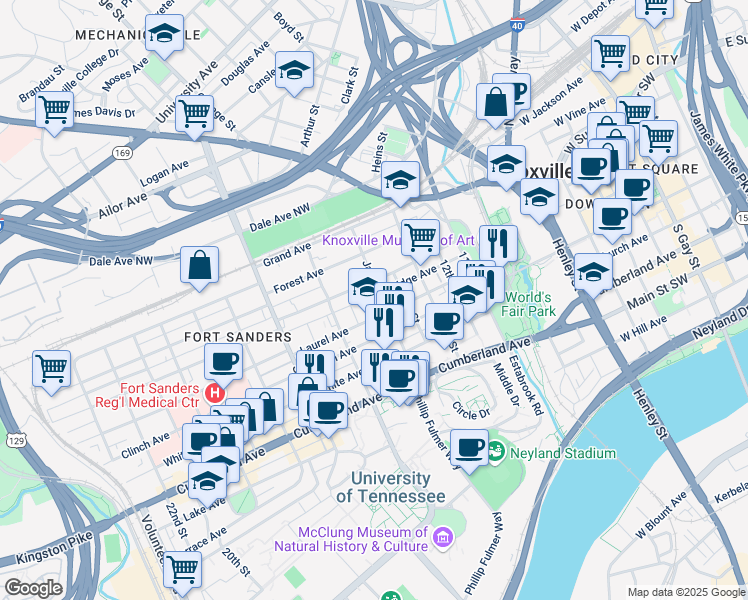 map of restaurants, bars, coffee shops, grocery stores, and more near 315 James Agee Street in Knoxville