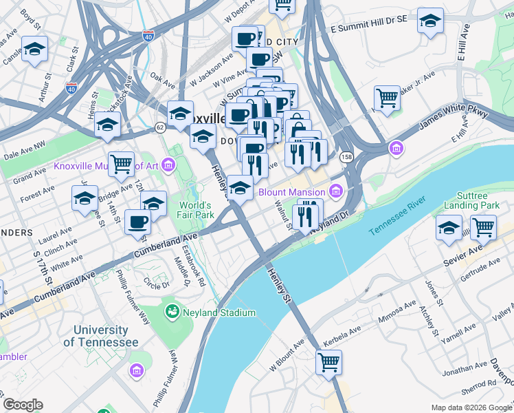 map of restaurants, bars, coffee shops, grocery stores, and more near 603 Main Street West in Knoxville
