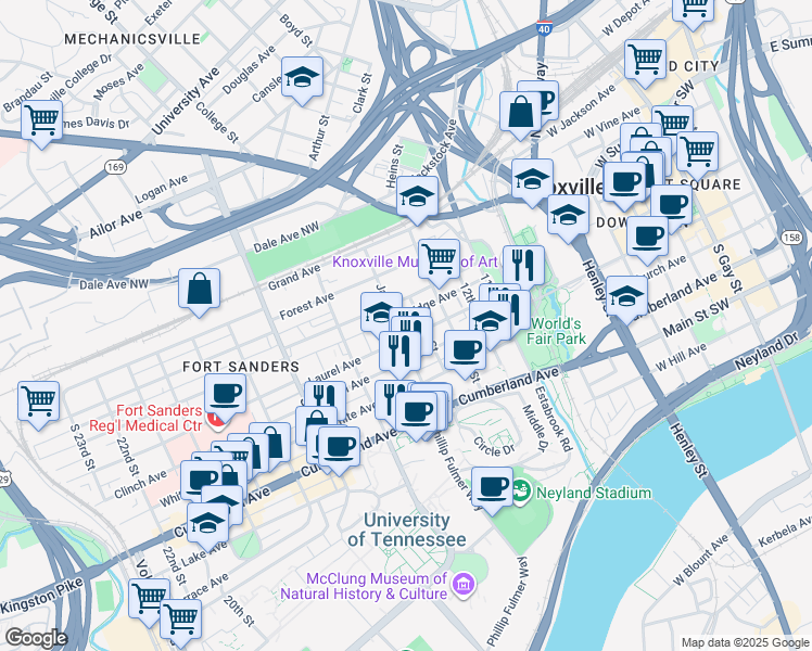 map of restaurants, bars, coffee shops, grocery stores, and more near in Knoxville