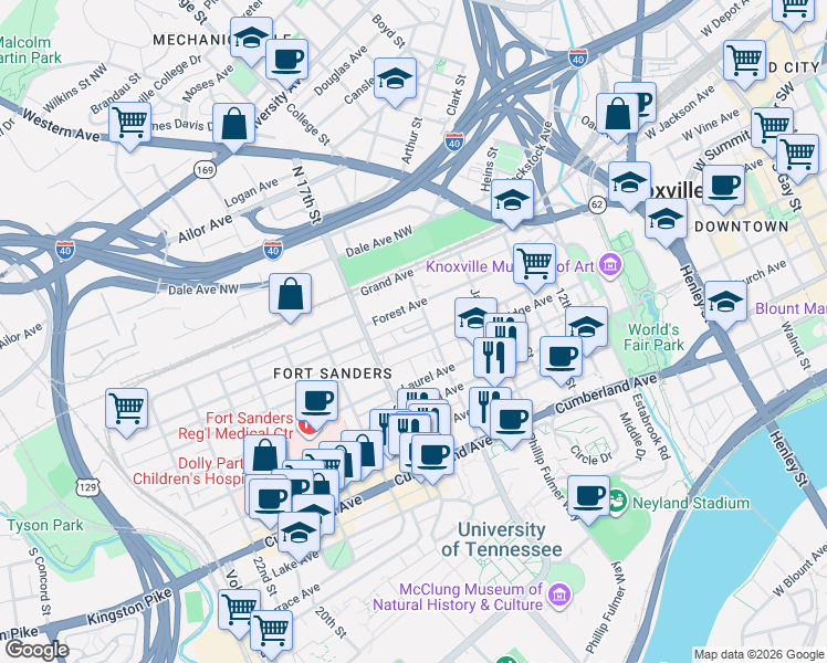 map of restaurants, bars, coffee shops, grocery stores, and more near 1628 Queen Anne Way in Knoxville