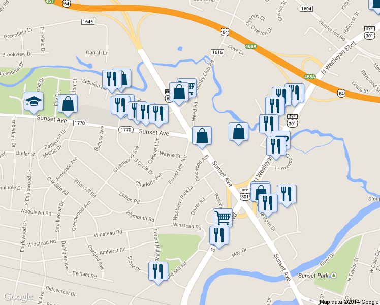 map of restaurants, bars, coffee shops, grocery stores, and more near 111 Forest Hill Avenue in Rocky Mount