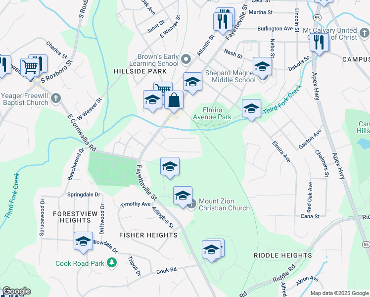 map of restaurants, bars, coffee shops, grocery stores, and more near 547 Homeland Avenue in Durham