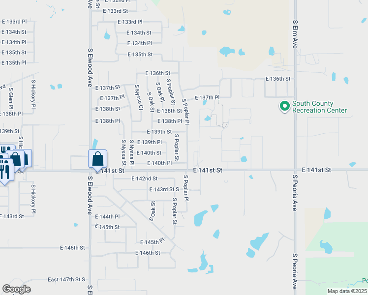 map of restaurants, bars, coffee shops, grocery stores, and more near 13969 South Poplar Place in Glenpool