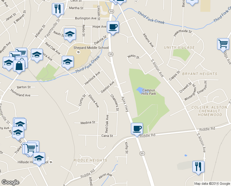 map of restaurants, bars, coffee shops, grocery stores, and more near 1015 Chalmers Street in Durham