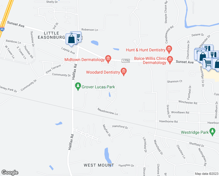 map of restaurants, bars, coffee shops, grocery stores, and more near 4232 Belgreen Drive in Rocky Mount