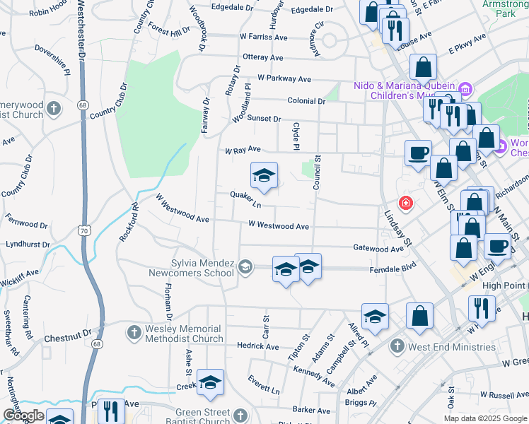 map of restaurants, bars, coffee shops, grocery stores, and more near 805 Quaker Lane in High Point