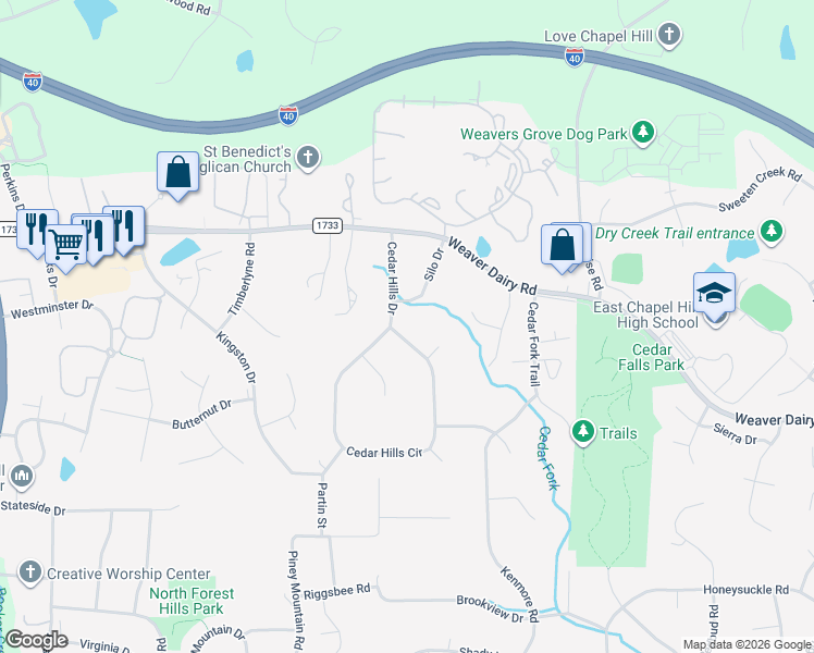 map of restaurants, bars, coffee shops, grocery stores, and more near 152 Cedar Hills Circle in Chapel Hill