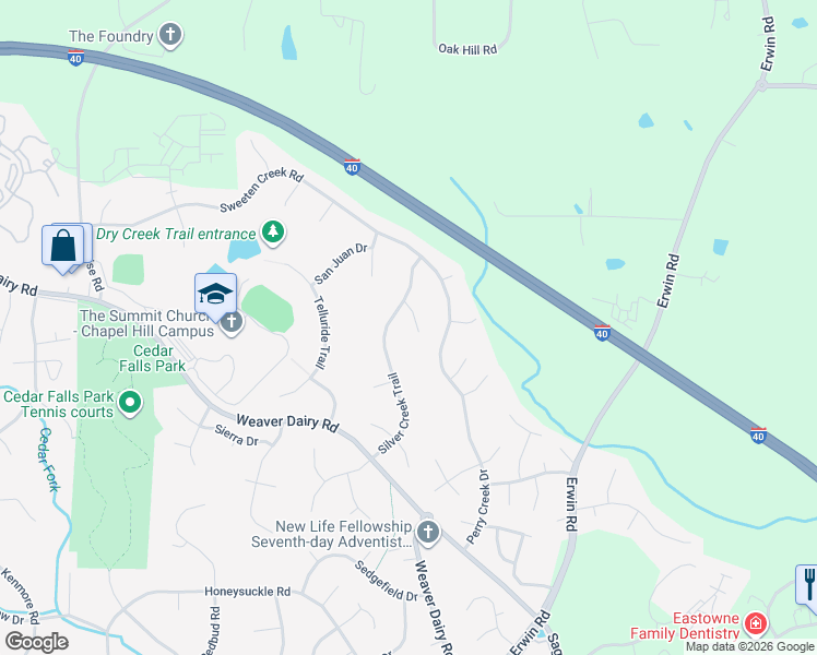 map of restaurants, bars, coffee shops, grocery stores, and more near 102 Sundance Place in Chapel Hill