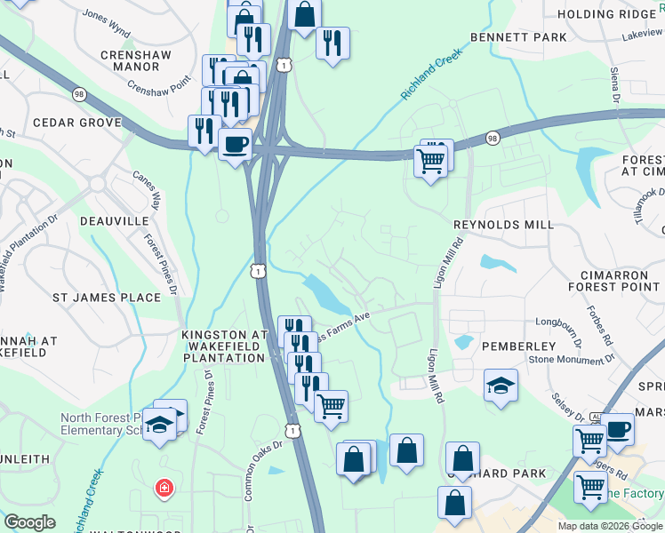map of restaurants, bars, coffee shops, grocery stores, and more near 1780 Pasture Walk Drive in Wake Forest