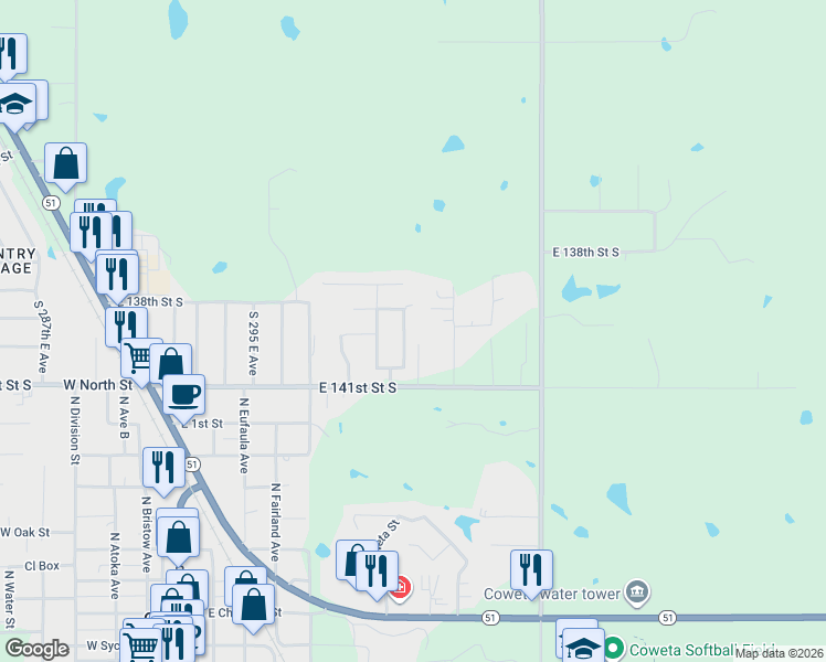 map of restaurants, bars, coffee shops, grocery stores, and more near 13929 South 300th East Avenue in Coweta