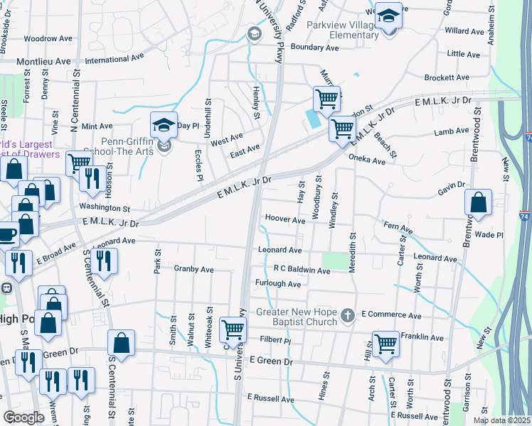 map of restaurants, bars, coffee shops, grocery stores, and more near 1203 Hoover Avenue in High Point