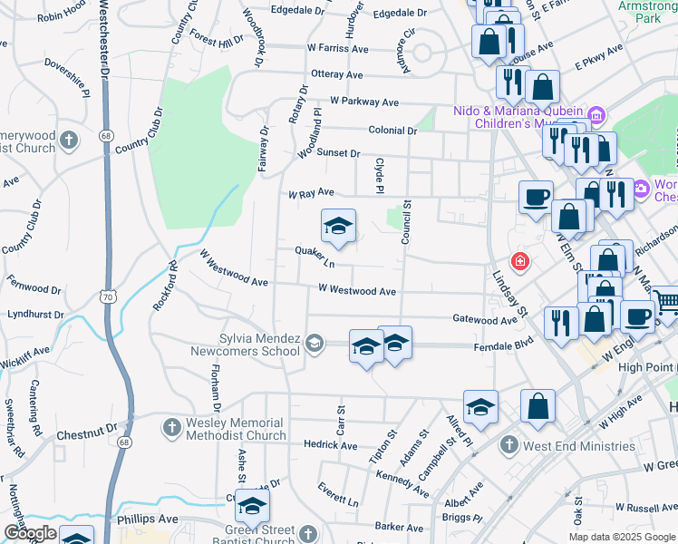 map of restaurants, bars, coffee shops, grocery stores, and more near 805 Quaker Lane in High Point