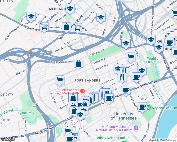 map of restaurants, bars, coffee shops, grocery stores, and more near 1714 Grand Avenue in Knoxville
