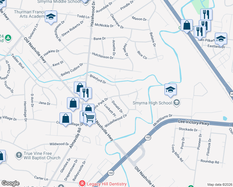 map of restaurants, bars, coffee shops, grocery stores, and more near 211 Davis Park Drive in Smyrna