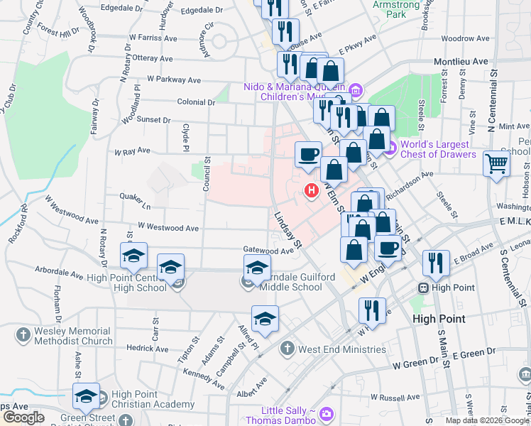 map of restaurants, bars, coffee shops, grocery stores, and more near 603 Quaker Lane in High Point
