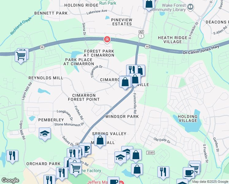 map of restaurants, bars, coffee shops, grocery stores, and more near 106 Carmel Woods Court in Wake Forest