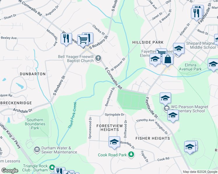 map of restaurants, bars, coffee shops, grocery stores, and more near 2804 Beechwood Drive in Durham