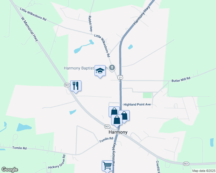 map of restaurants, bars, coffee shops, grocery stores, and more near Harmony School Road in Harmony