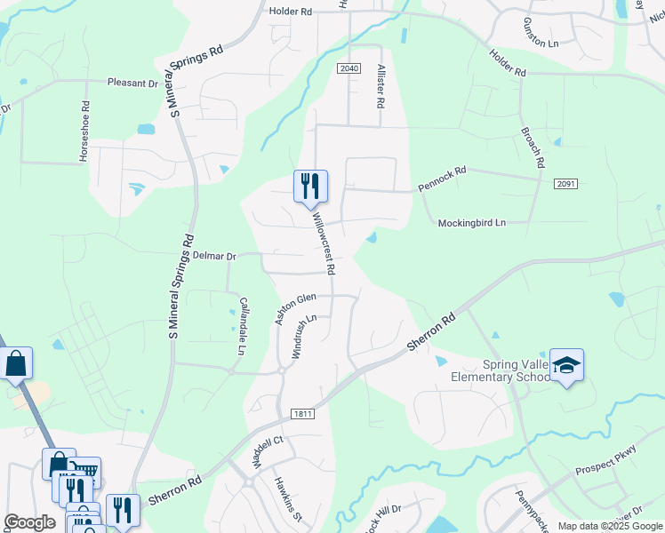 map of restaurants, bars, coffee shops, grocery stores, and more near 1497 Willowcrest Road in Durham