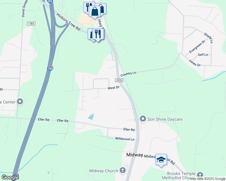 map of restaurants, bars, coffee shops, grocery stores, and more near 179 West Drive in Winston-Salem