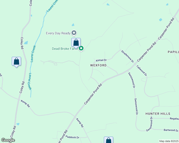 map of restaurants, bars, coffee shops, grocery stores, and more near 1203 Kintail Drive in Raleigh