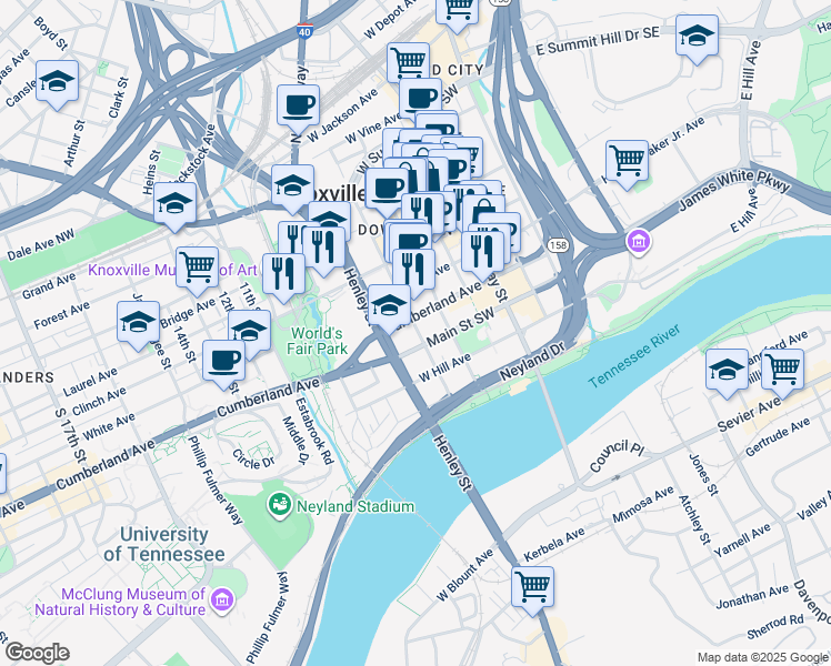 map of restaurants, bars, coffee shops, grocery stores, and more near 603 Main Street West in Knoxville