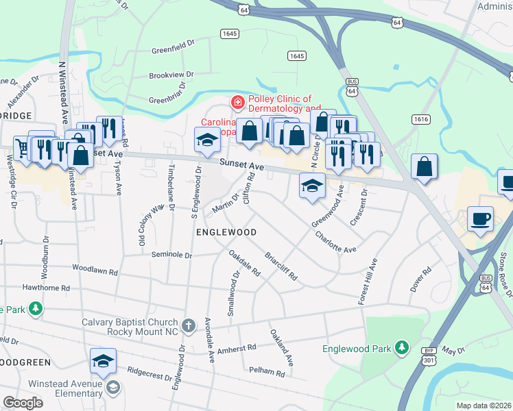 map of restaurants, bars, coffee shops, grocery stores, and more near 412 Clifton Road in Rocky Mount