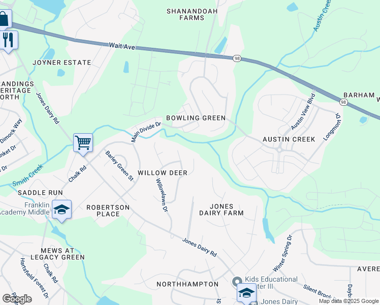 map of restaurants, bars, coffee shops, grocery stores, and more near 6332 Willowdell Drive in Wake Forest