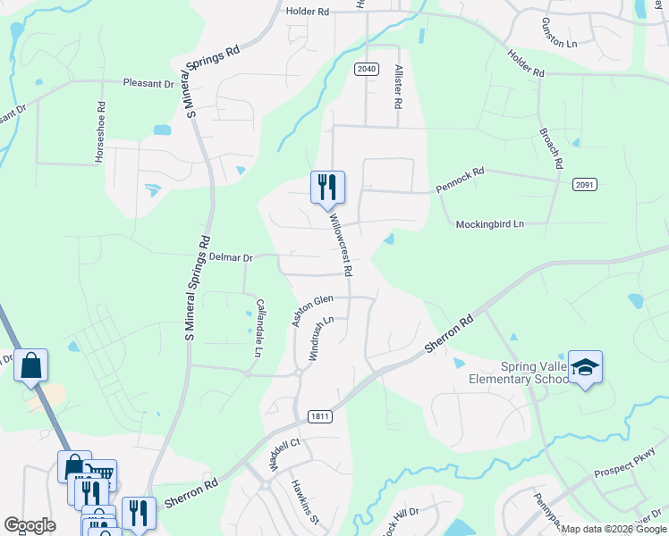 map of restaurants, bars, coffee shops, grocery stores, and more near 1497 Willowcrest Road in Durham