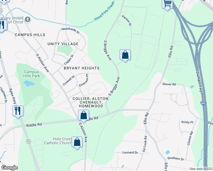 map of restaurants, bars, coffee shops, grocery stores, and more near 2020 Collier Road in Durham