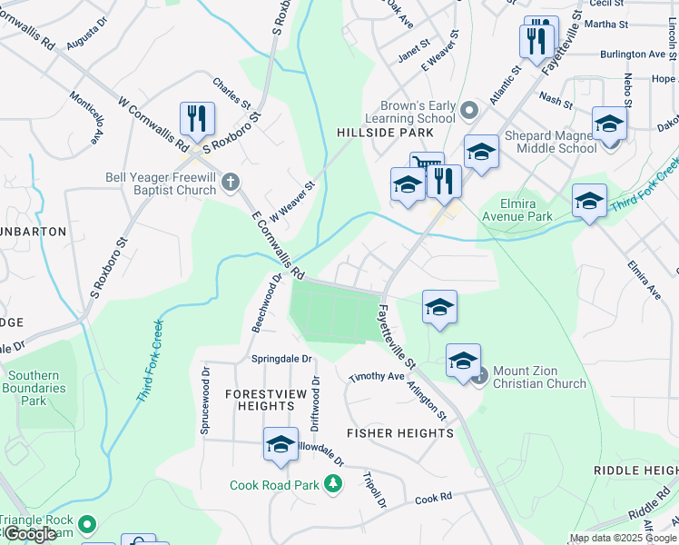 map of restaurants, bars, coffee shops, grocery stores, and more near 203 Atlantic Street in Durham