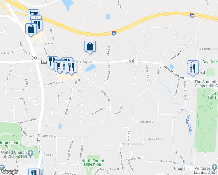 map of restaurants, bars, coffee shops, grocery stores, and more near 109 Timberlyne Court in Chapel Hill