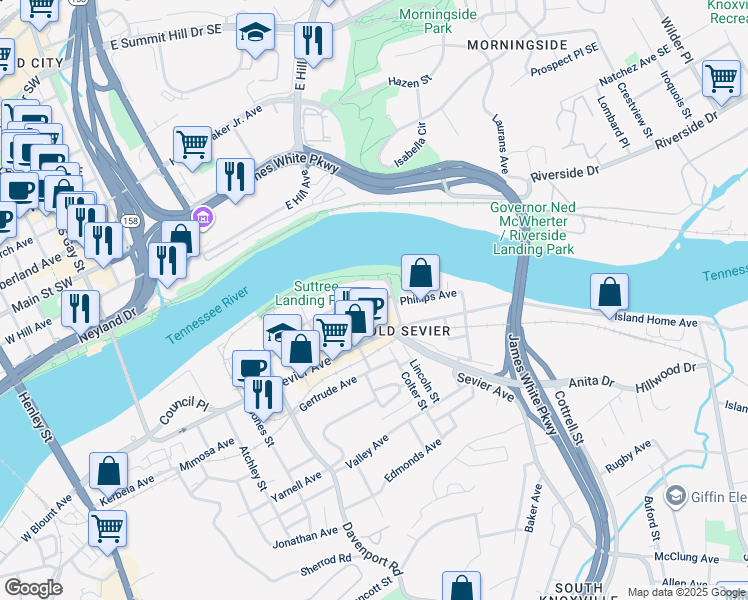 map of restaurants, bars, coffee shops, grocery stores, and more near 1003 Phillips Avenue in Knoxville